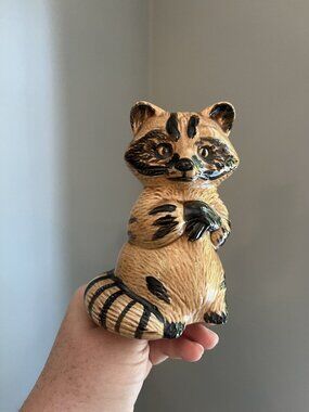 Vintage Hand-Painted Ceramic Raccoon Figurine With Glossy Finish 6" Tall
